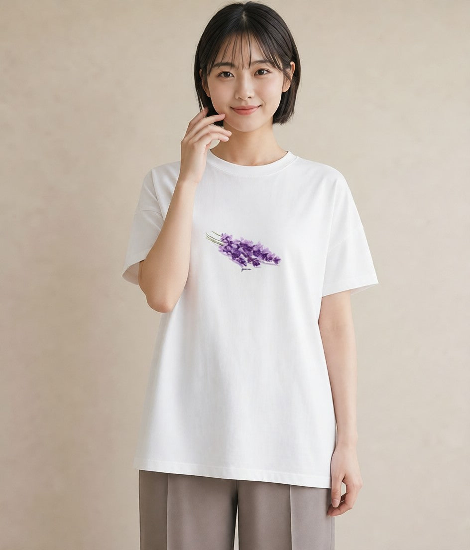半袖Tシャツ レディース ラベンダー 花 花柄 イラスト カフェコーデ 誕生日プレゼント 綿100 白T