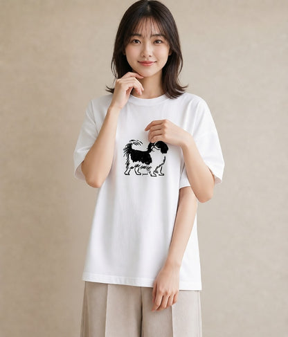 Tシャツ レディース 狆 犬 いぬ イラスト ナチュラル 普段着 週末コーデ 白T