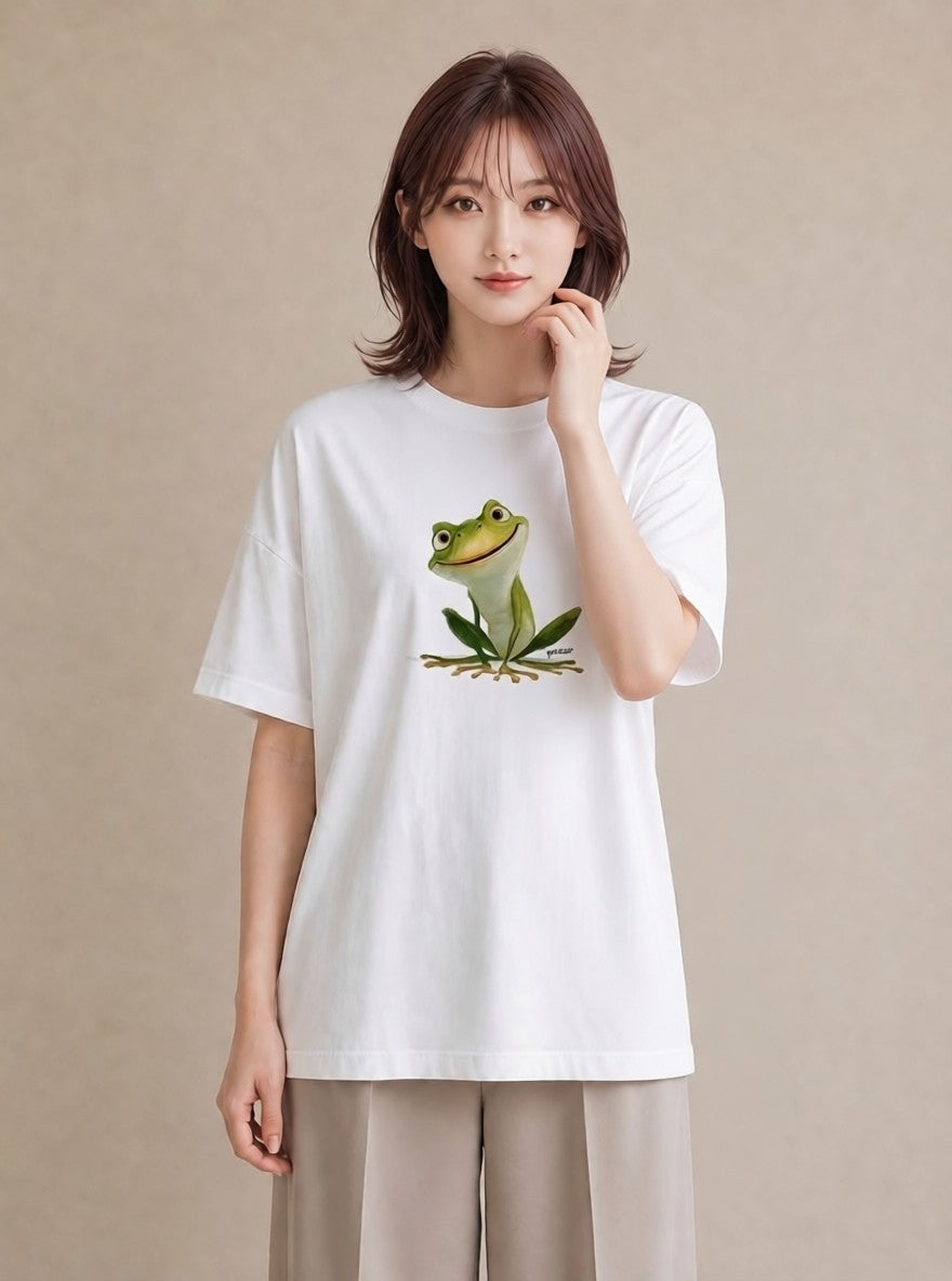 Tシャツ レディース アマガエル ペット 動物 イラスト きれいめカジュアル 部屋着 女性向けギフト 白T