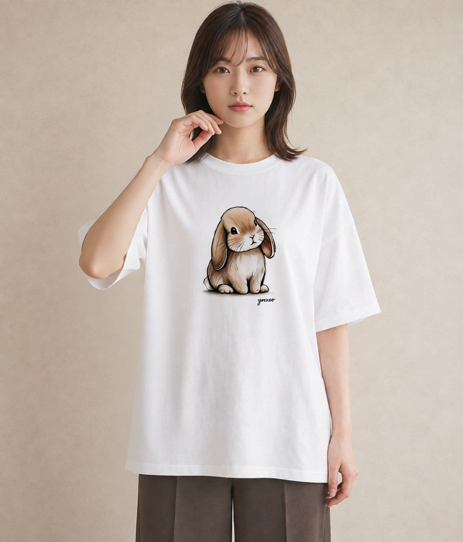 半袖Tシャツ レディース ロップイヤー ペット 動物 イラスト カフェコーデ 社会人 女性 白T