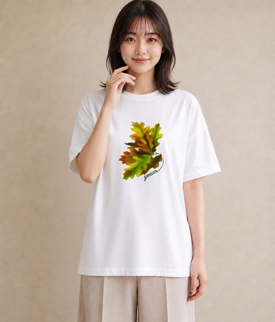 グラフィックTシャツ レディース 落ち葉 植物 ボタニカル イラスト ミセス 春コーデ 白T