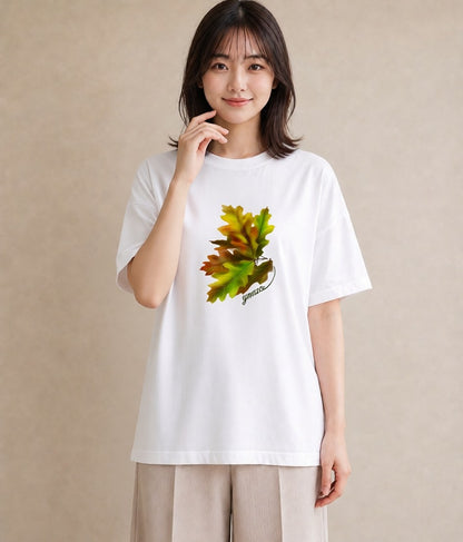 グラフィックTシャツ レディース 落ち葉 植物 ボタニカル イラスト ミセス 春コーデ 白T