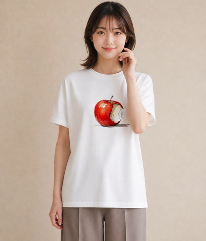 プリントTシャツ レディース りんご 林檎 アップル 食べ物 フード イラスト シンプル 週末コーデ 敬老の日 白T