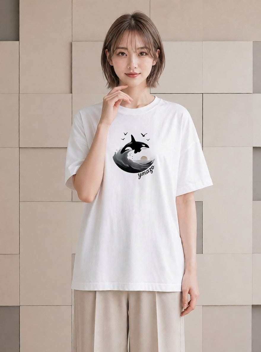 半袖Tシャツ レディース シャチ 海の生き物 海 イラスト 個性的 夏コーデ 通学 白T