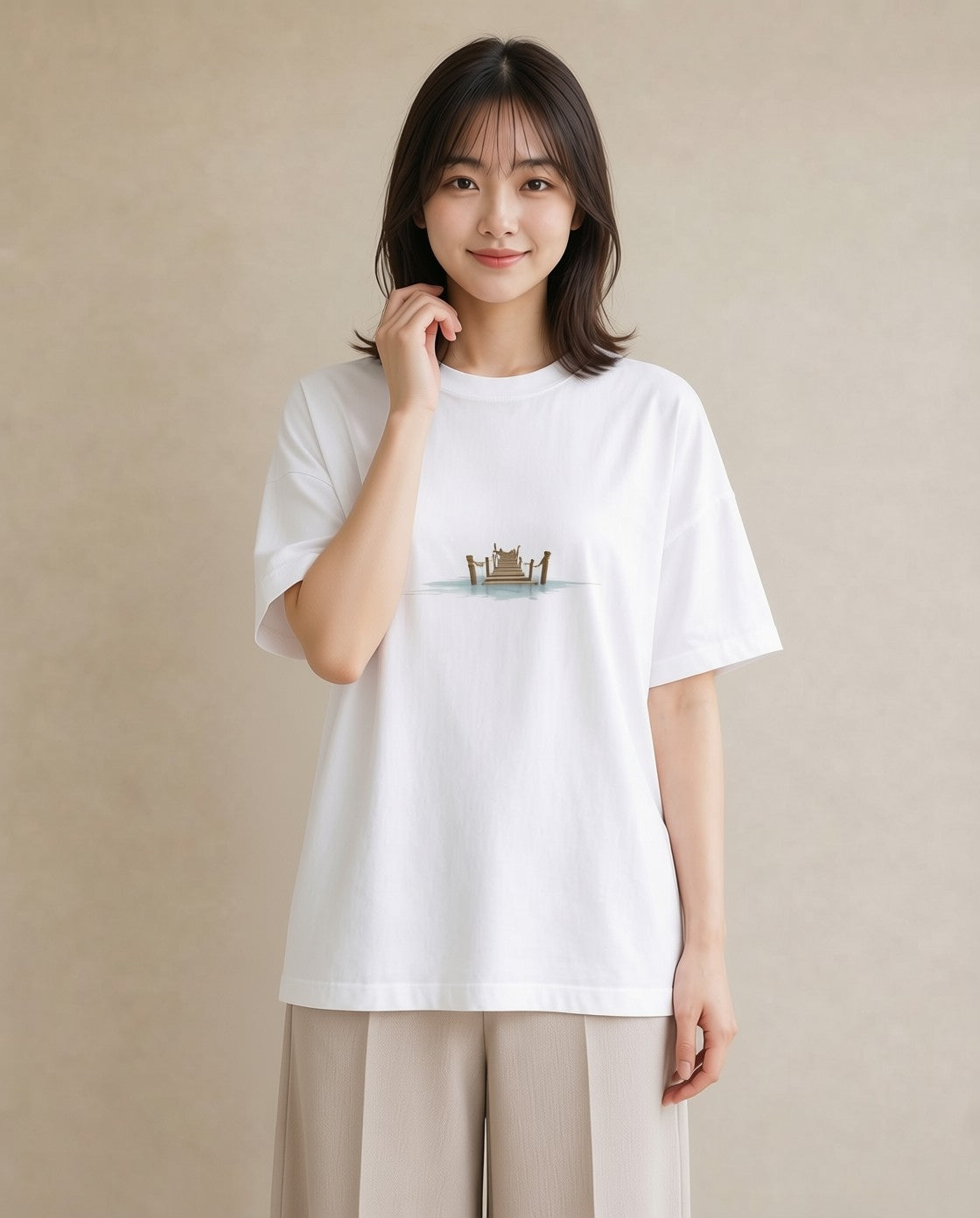 グラフィックTシャツ レディース 桟橋 水辺 波止場 ナチュラル アンティーク イラスト 韓国風 お出かけ 普段着 白T