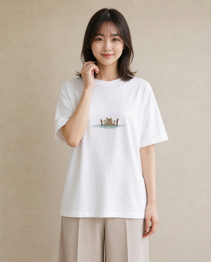 グラフィックTシャツ レディース 桟橋 水辺 波止場 ナチュラル アンティーク イラスト 韓国風 お出かけ 普段着 白T