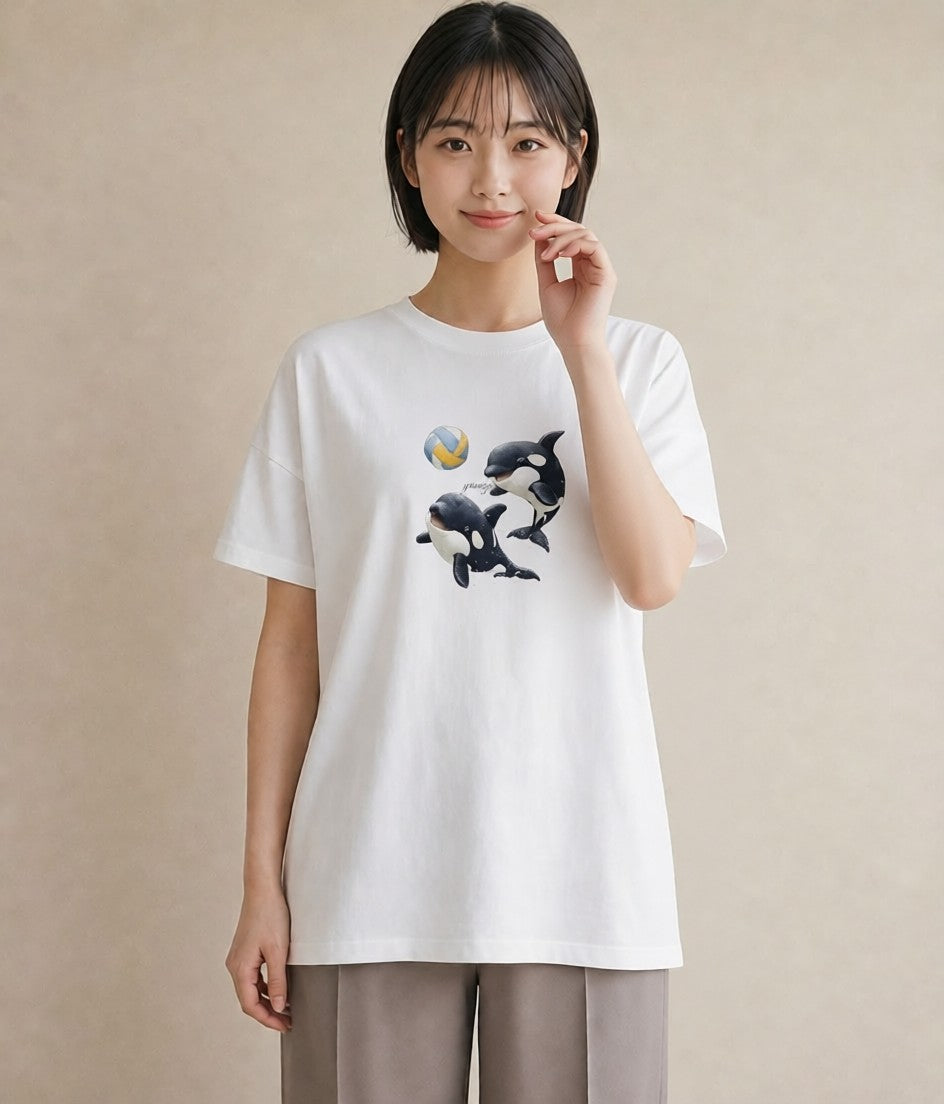 Tシャツ レディース シャチ 海の生き物 海 イラスト ラフ 在宅 公園 白T