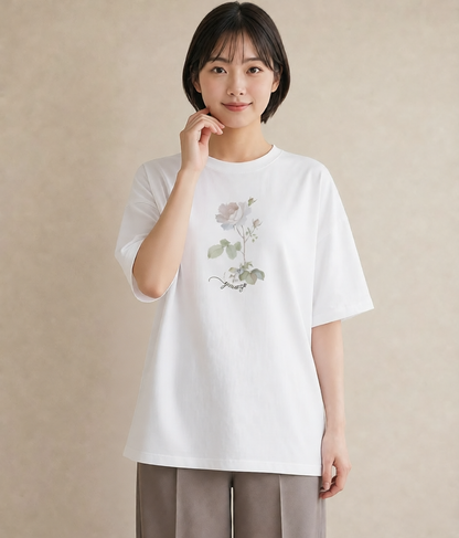 半袖Tシャツ レディース バラ 薔薇 ローズ 花 花柄 イラスト 可愛い デイリーウェア 休日 白T