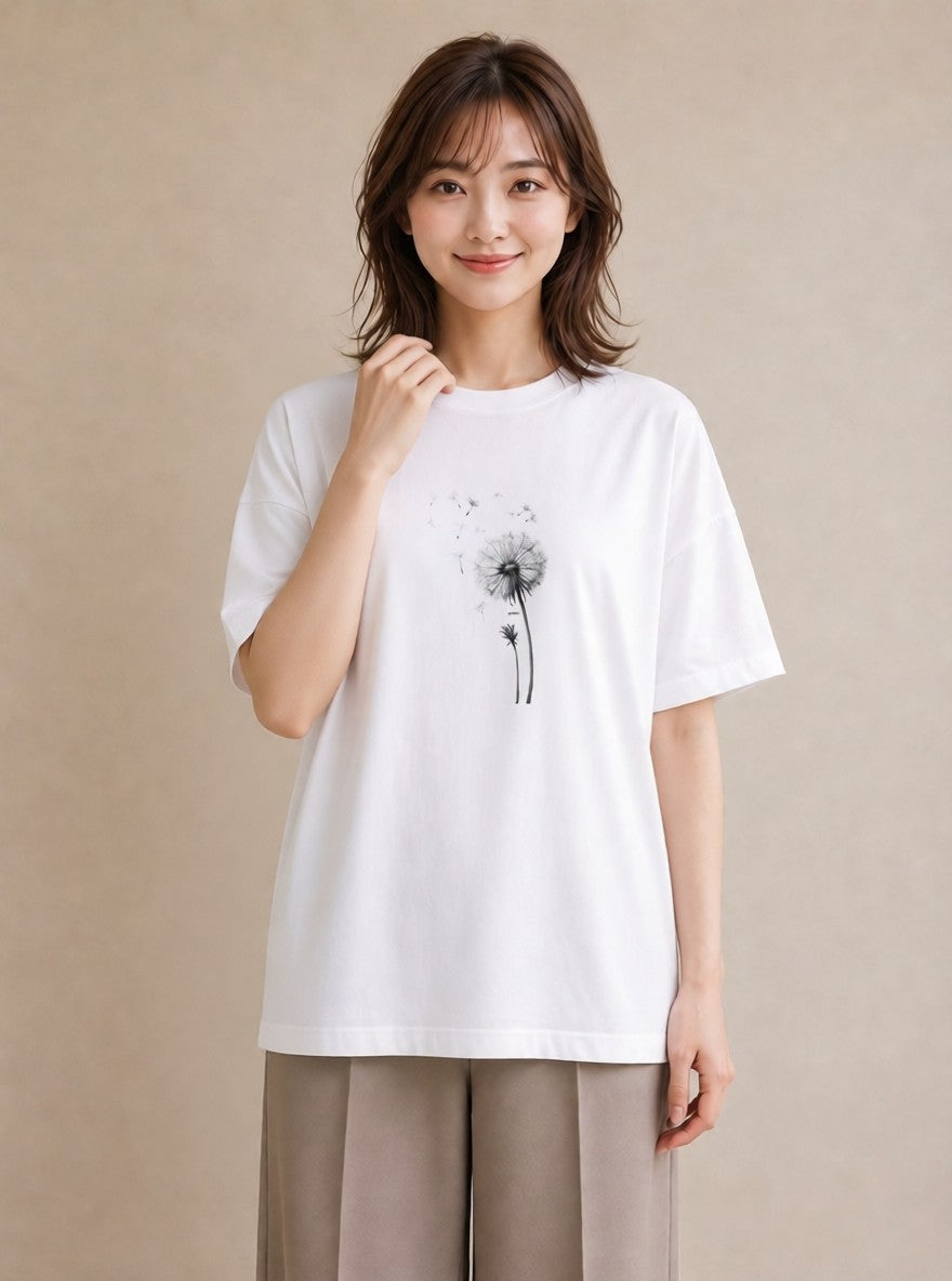 半袖Tシャツ レディース たんぽぽ 花 花柄 イラスト ラフカジュアル 週末コーデ 敬老の日 白T