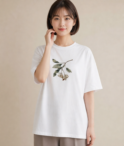 半袖Tシャツ レディース 金木犀 花 花柄 イラスト こなれ感 通勤 在宅 白T