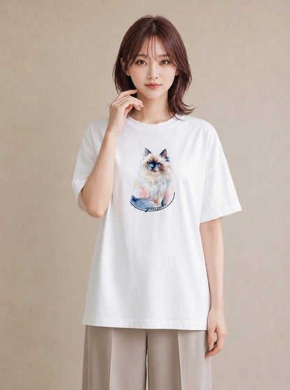 プリントTシャツ レディース ペルシャ 猫 ねこ イラスト きれいめカジュアル デイリーウェア 休日 白T