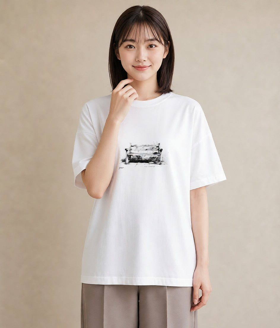 グラフィックTシャツ レディース 雨上がりのベンチ ベンチ ナチュラル アンティーク イラスト 北欧風 母娘コーデ 自分用 白T