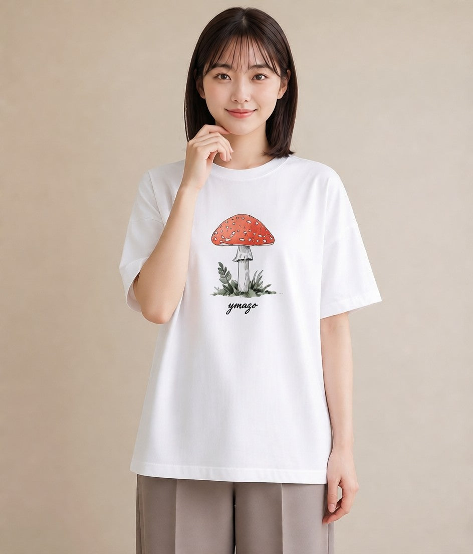 Tシャツ レディース きのこ 植物 ボタニカル イラスト カフェ巡り 女子会 白T
