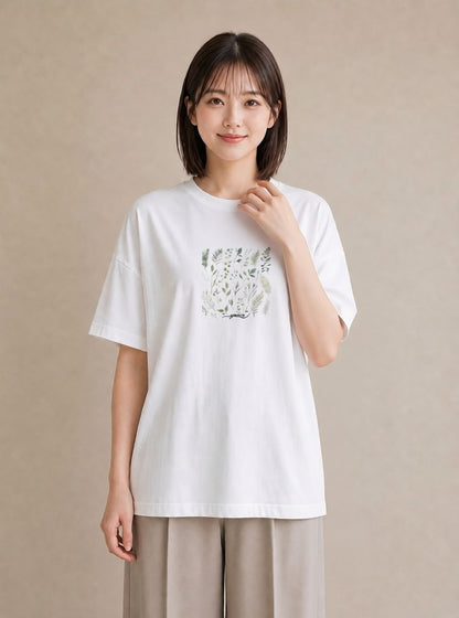 グラフィックTシャツ レディース ボタニカル 植物 イラスト カフェコーデ カジュアルコーデ 買い物 白T