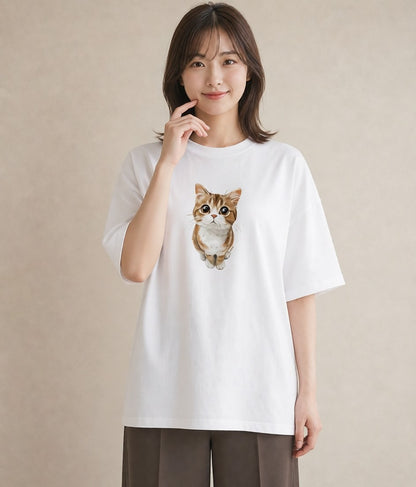 Tシャツ レディース アビシニアン 猫 ねこ イラスト ゆるコーデ 女性向けギフト 散歩 白T
