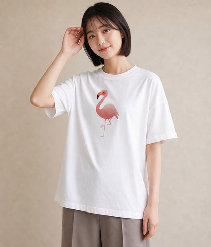 グラフィックTシャツ レディース フラミンゴ 動物 アニマル イラスト ヴィンテージ風 ホワイトデー 春服 白T