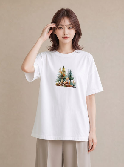 プリントTシャツ レディース 森 植物 ボタニカル イラスト ガーリー 買い物 夏コーデ 白T