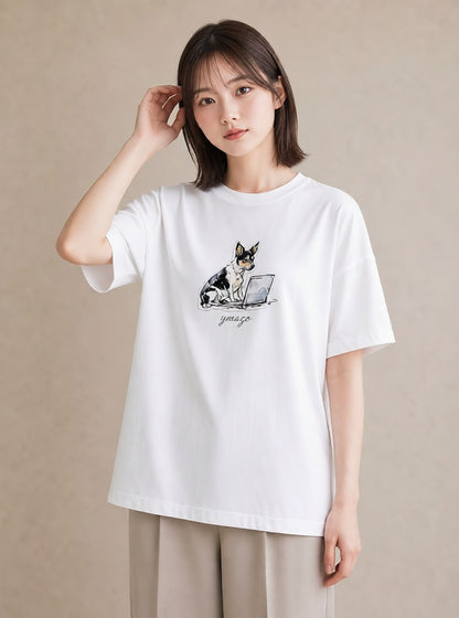 デザインTシャツ レディース 犬 いぬ イラスト シック 送別ギフト 通勤 白T