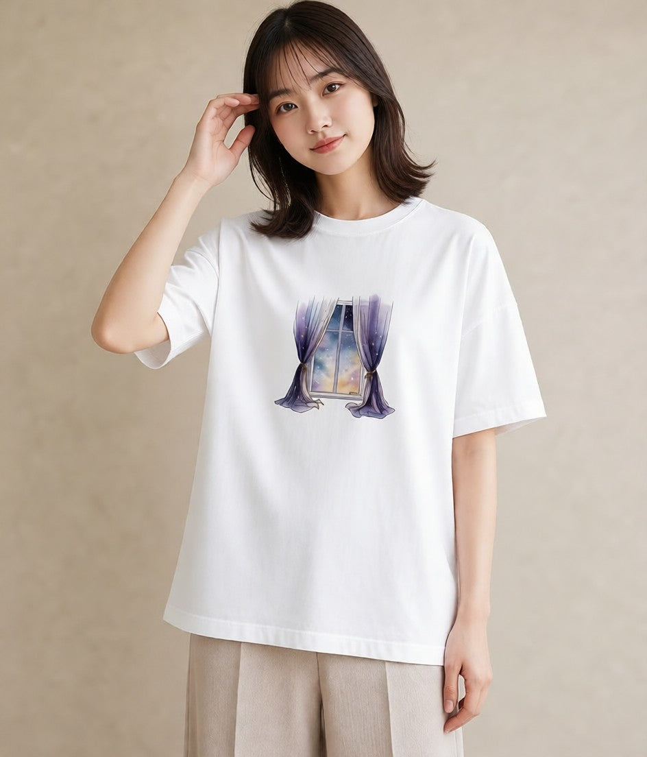 プリントTシャツ レディース 窓辺の雨 雨の日 窓 ナチュラル アンティーク イラスト カジュアル おしゃれギフト 社会人 白T