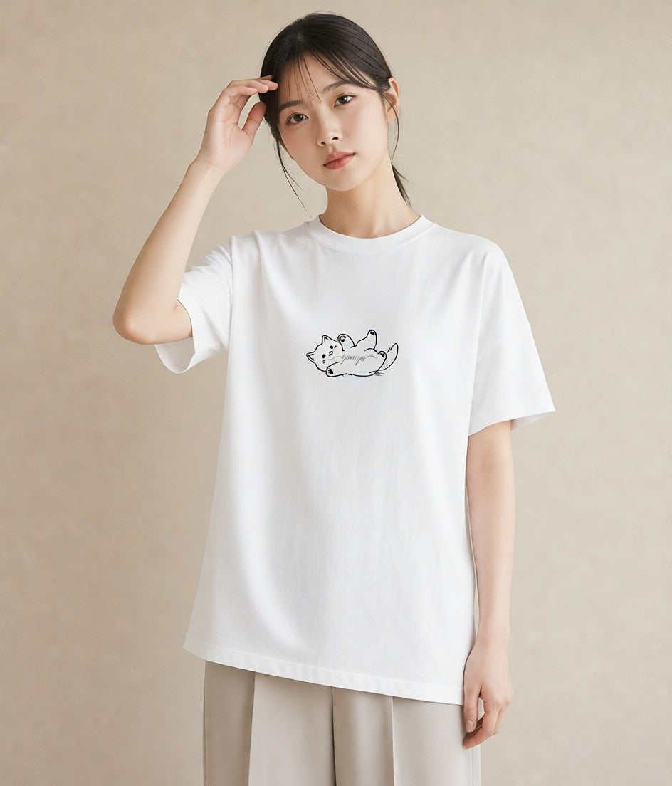 プリントTシャツ レディース 猫 ねこ ネコ イラスト ゆるコーデ 普段着 週末コーデ 白T