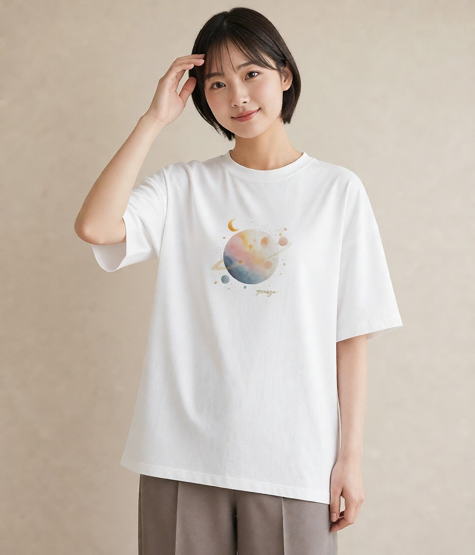 プリントTシャツ レディース 満月 星空 宇宙 イラスト きれいめカジュアル クリスマス 旅行 白T