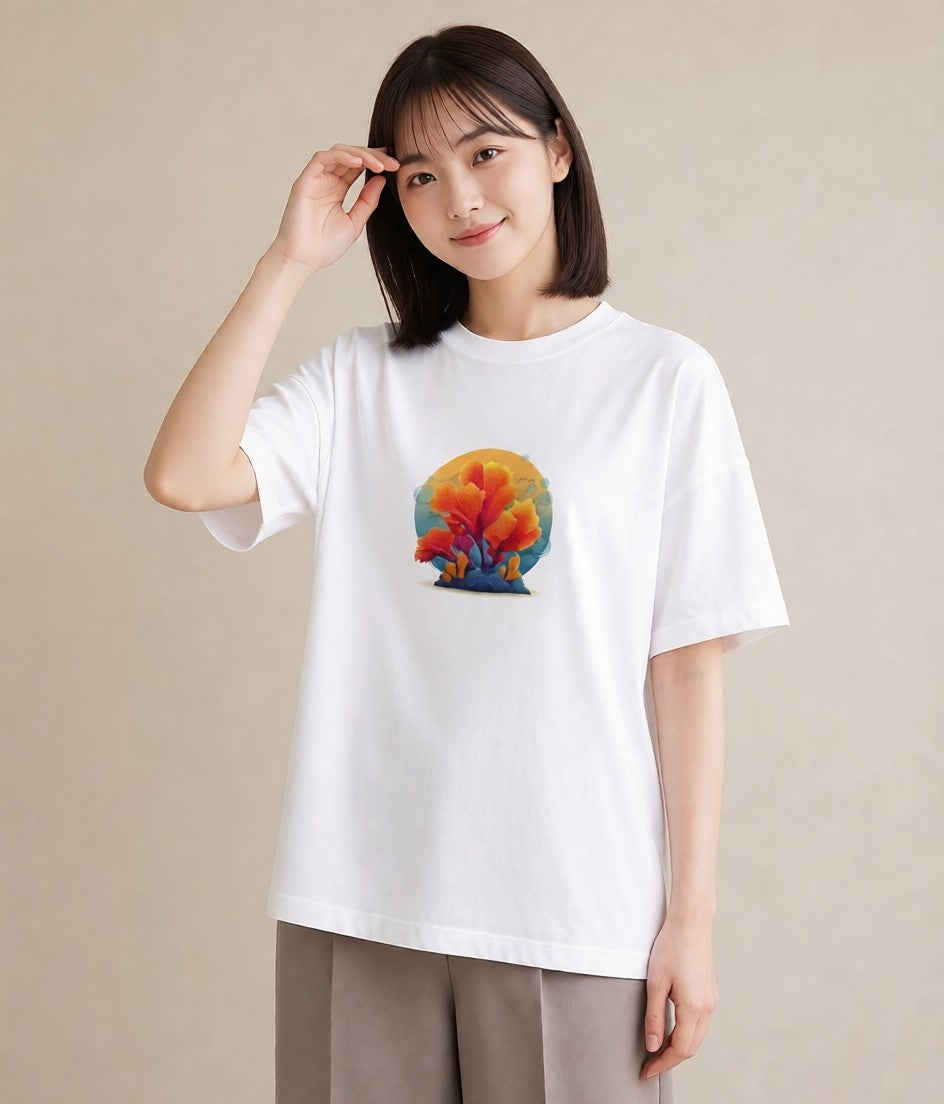 半袖Tシャツ レディース サンゴ 海の生き物 海 イラスト こなれ感 20代 カジュアルコーデ 白T