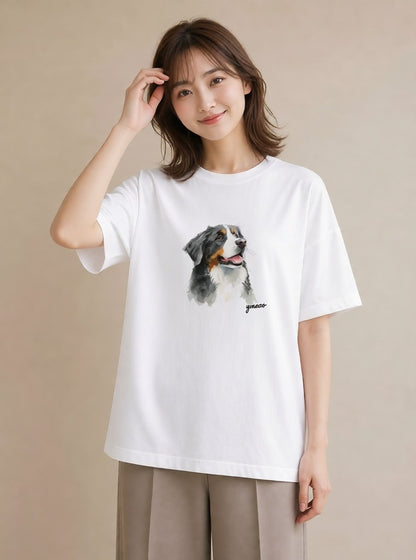 半袖Tシャツ レディース バーニーズマウンテンドッグ 犬 いぬ イラスト ユニーク 買い物 夏コーデ 白T