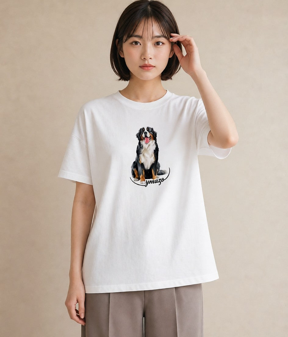 半袖Tシャツ レディース バーニーズマウンテンドッグ 犬 いぬ イラスト 線画 女性 旅行用 白T