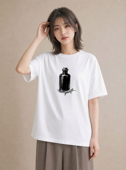 Tシャツ レディース ガラス瓶 小枝 ボタニカル ナチュラル アンティーク イラスト 韓国風 ビーチ デイリーウェア 白T