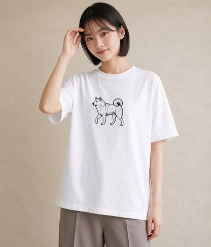 半袖Tシャツ レディース 秋田犬 犬 いぬ イラスト レトロ 在宅 公園 白T