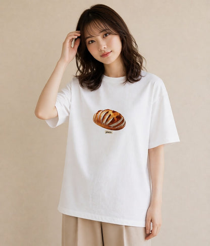 プリントTシャツ レディース パン 食べ物 フード イラスト 線画 通勤 在宅 白T