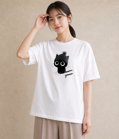 プリントTシャツ レディース 黒猫 猫 ねこ イラスト アート風 通勤 在宅 白T
