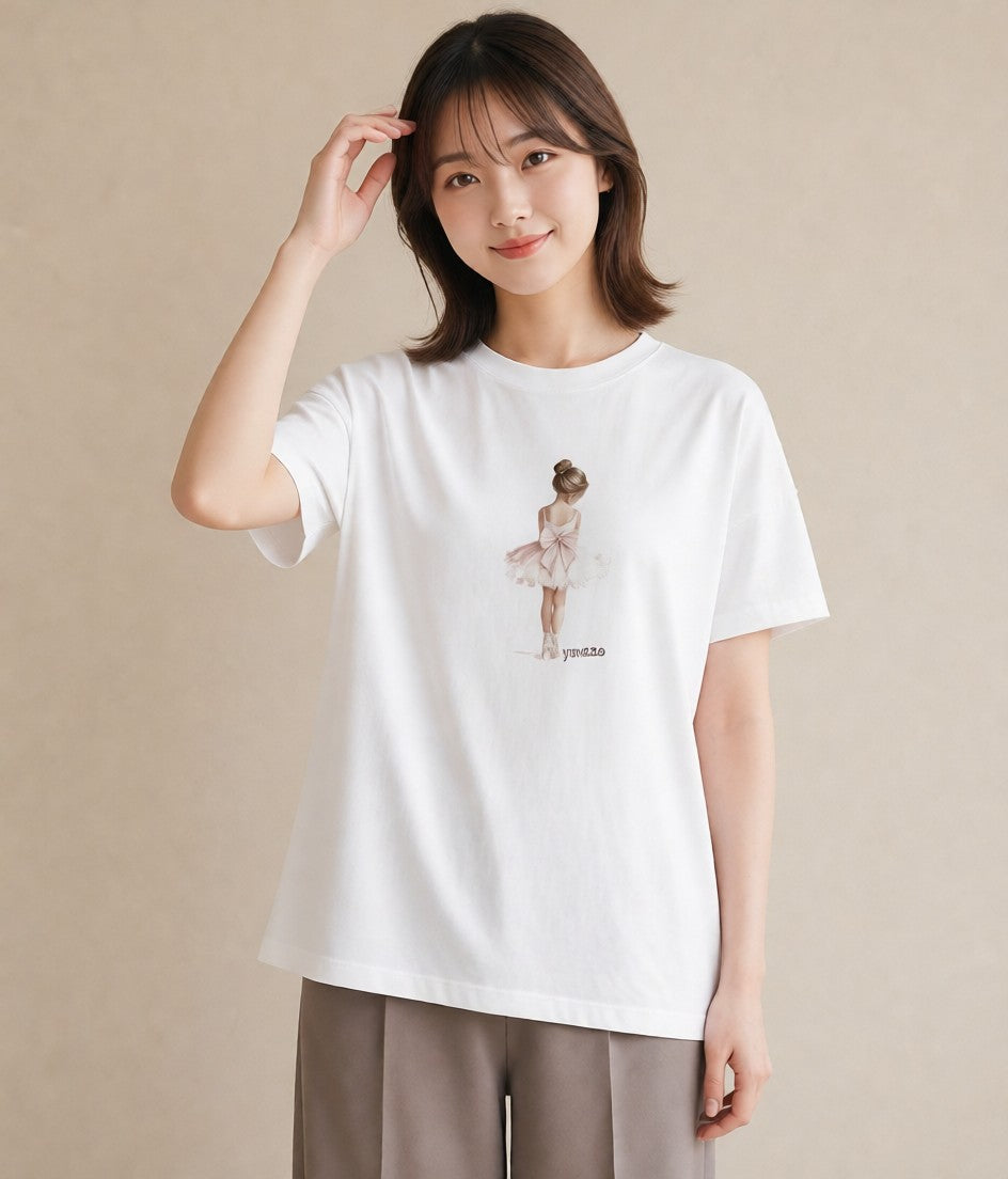 デザインTシャツ レディース バレエシューズ バレエ トウシューズ ナチュラル アンティーク イラスト 休日コーデ 自分用 ルームウェア 白T