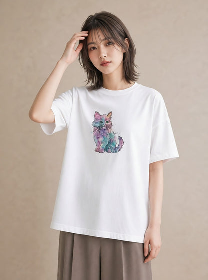 デザインTシャツ レディース ソマリ 猫 ねこ イラスト 休日コーデ 自分用 ルームウェア 白T