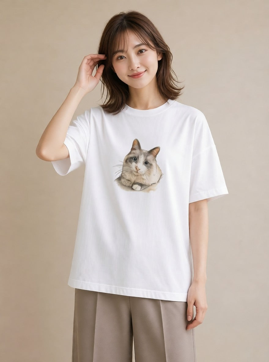 グラフィックTシャツ レディース 靴下猫 猫 ねこ イラスト カフェコーデ 在宅 公園 白T