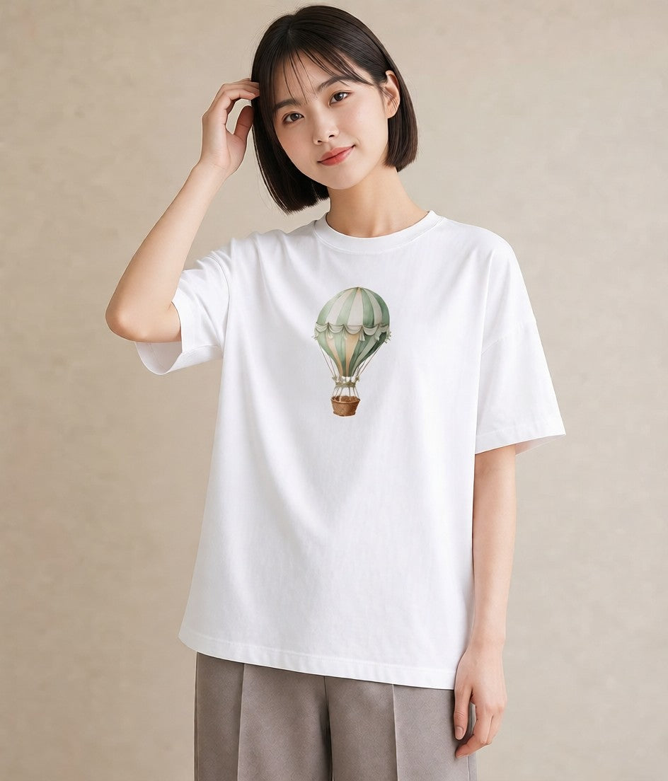プリントTシャツ レディース 気球 星空 宇宙 イラスト きれいめカジュアル 自分用 ルームウェア 白T