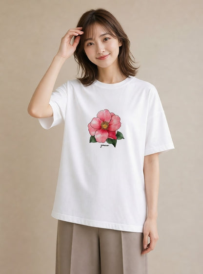 Tシャツ レディース 牡丹 花 花柄 イラスト ミニマル 買い物 夏コーデ 白T