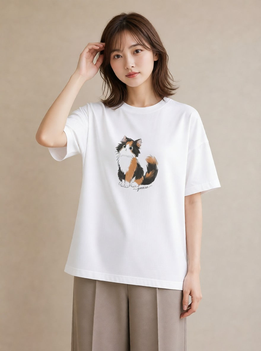 半袖Tシャツ レディース マンチカン 猫 ねこ イラスト 北欧風 敬老の日 ホワイトデー 白T