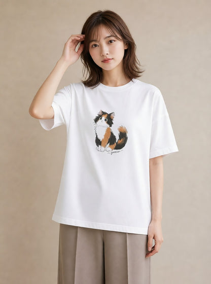 半袖Tシャツ レディース マンチカン 猫 ねこ イラスト 北欧風 敬老の日 ホワイトデー 白T