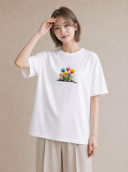 デザインTシャツ レディース チューリップ 花 花柄 イラスト ガーリー お出かけ 普段着 白T