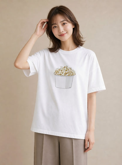 グラフィックTシャツ レディース ポップコーン 食べ物 フード イラスト フェミニン 送別ギフト 通勤 白T