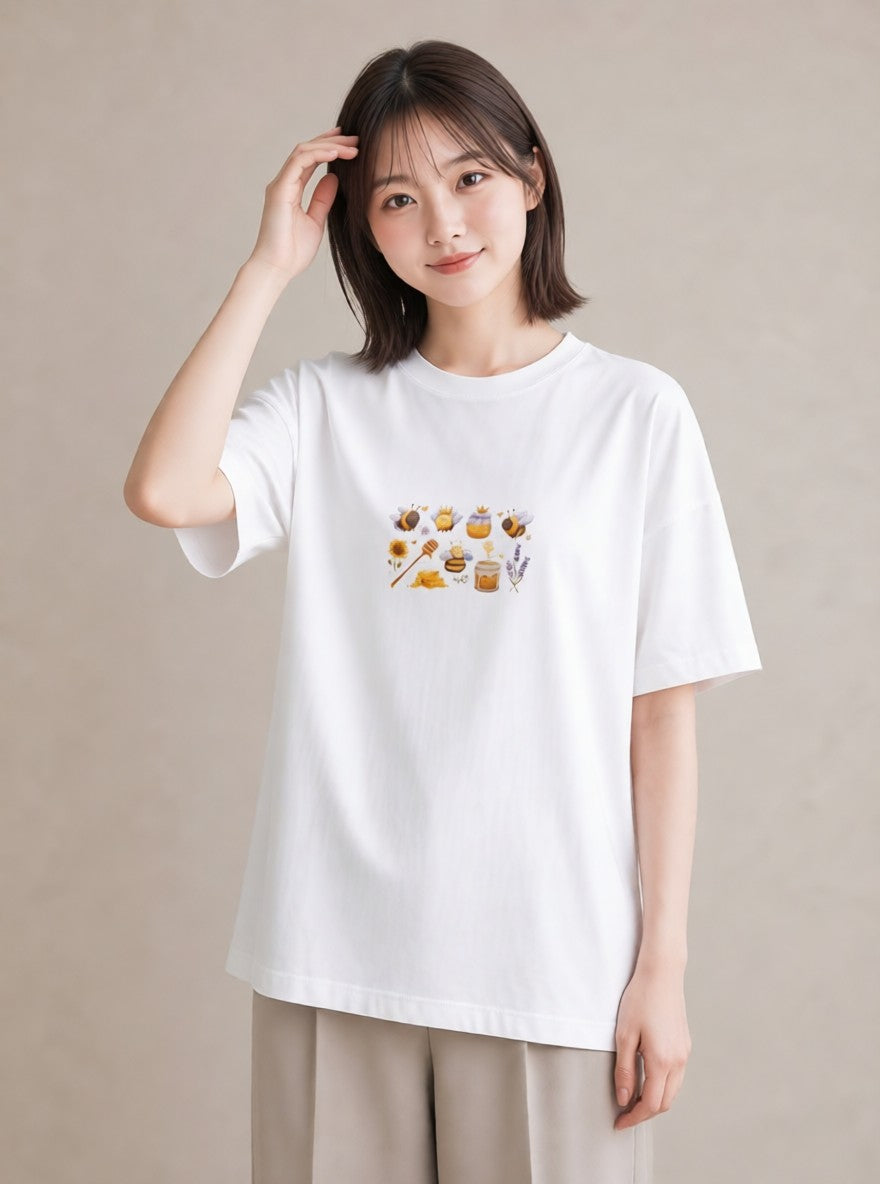 プリントTシャツ レディース みつばち 昆虫 虫 イラスト ポップ カジュアルコーデ 買い物 白T