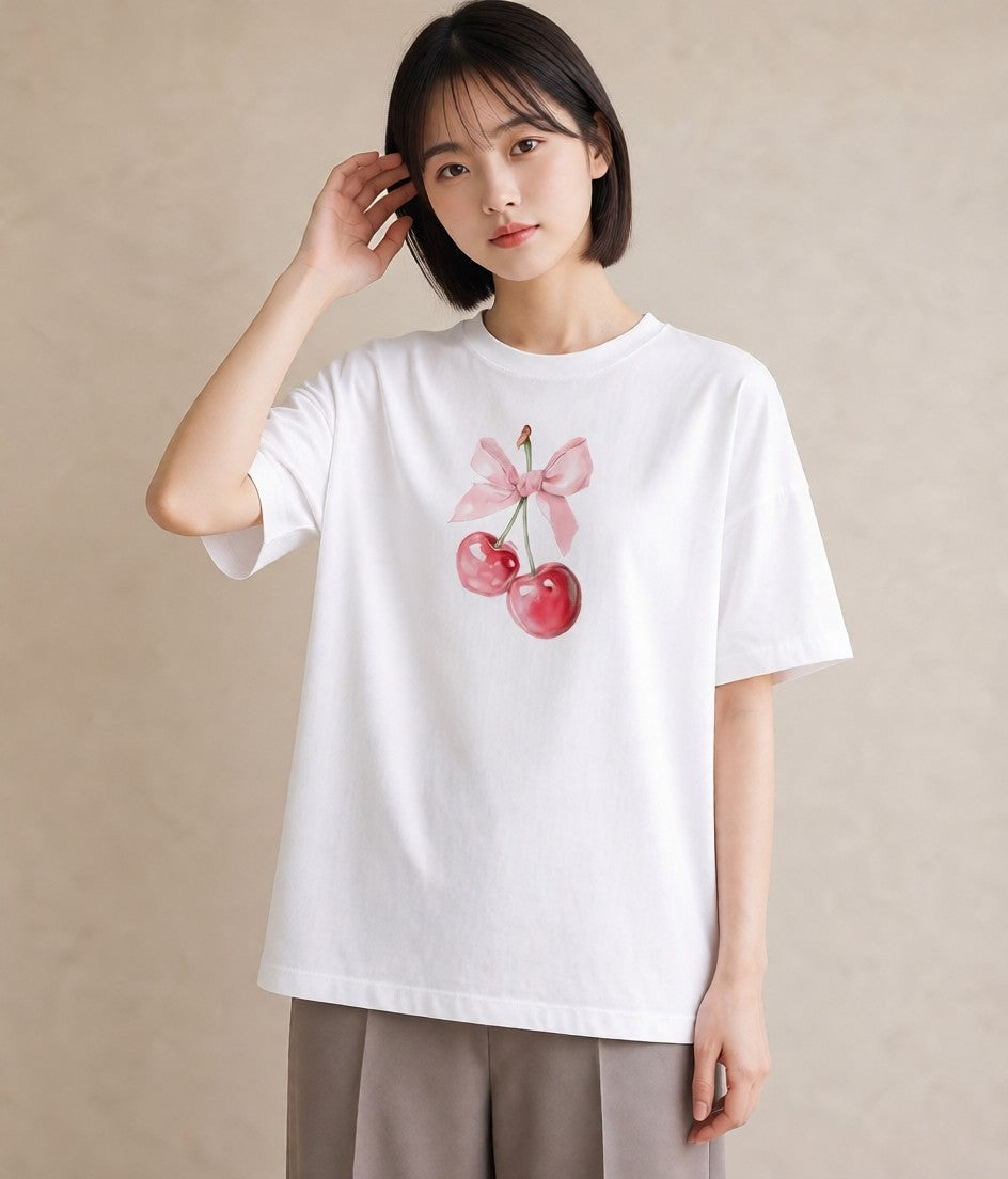 デザインTシャツ レディース さくらんぼ チェリー 食べ物 フード イラスト 20代 カジュアルコーデ 白T