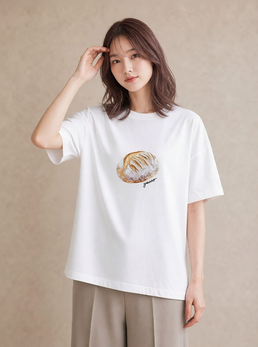 Tシャツ レディース ベーグル 食べ物 フード イラスト 線画 普段着 週末コーデ 白T