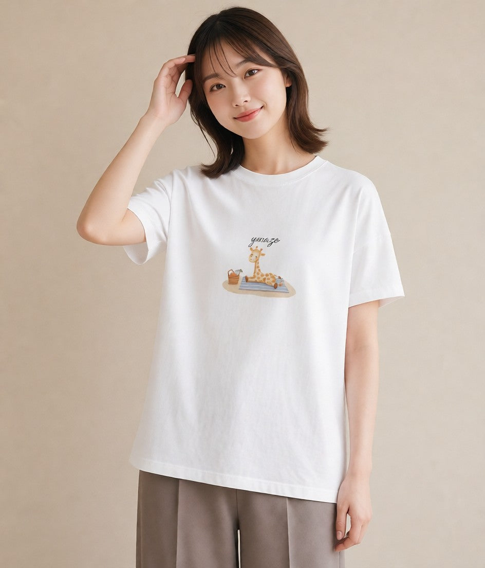 プリントTシャツ レディース きりん 動物 アニマル イラスト 友達ギフト 部屋着 白T