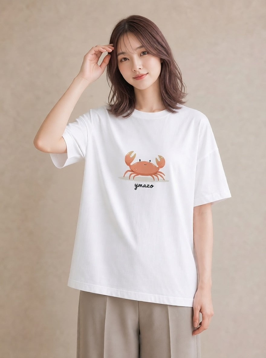 デザインTシャツ レディース カニ 海の生き物 海 イラスト ニュアンス ママ カフェ服 白T