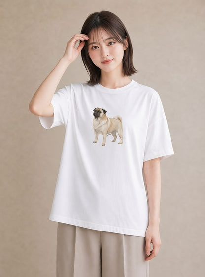 グラフィックTシャツ レディース パグ 犬 いぬ イラスト 旅行コーデ 春服 ミセス 白T