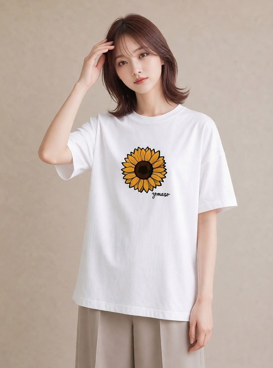 半袖Tシャツ レディース ひまわり 向日葵 花 花柄 イラスト ナチュラル 送別ギフト 通勤 白T