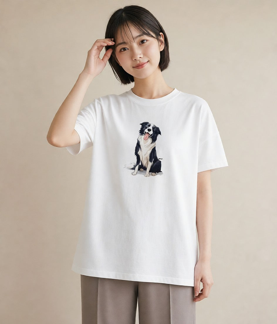 プリントTシャツ レディース ボーダーコリー 犬 いぬ イラスト ヴィンテージ風 お出かけ 普段着 白T