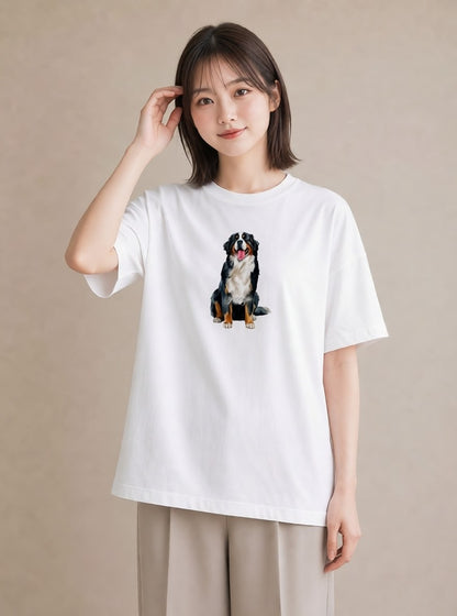 デザインTシャツ レディース バーニーズマウンテンドッグ 犬 いぬ イラスト レトロ ラフ レイヤード 白T
